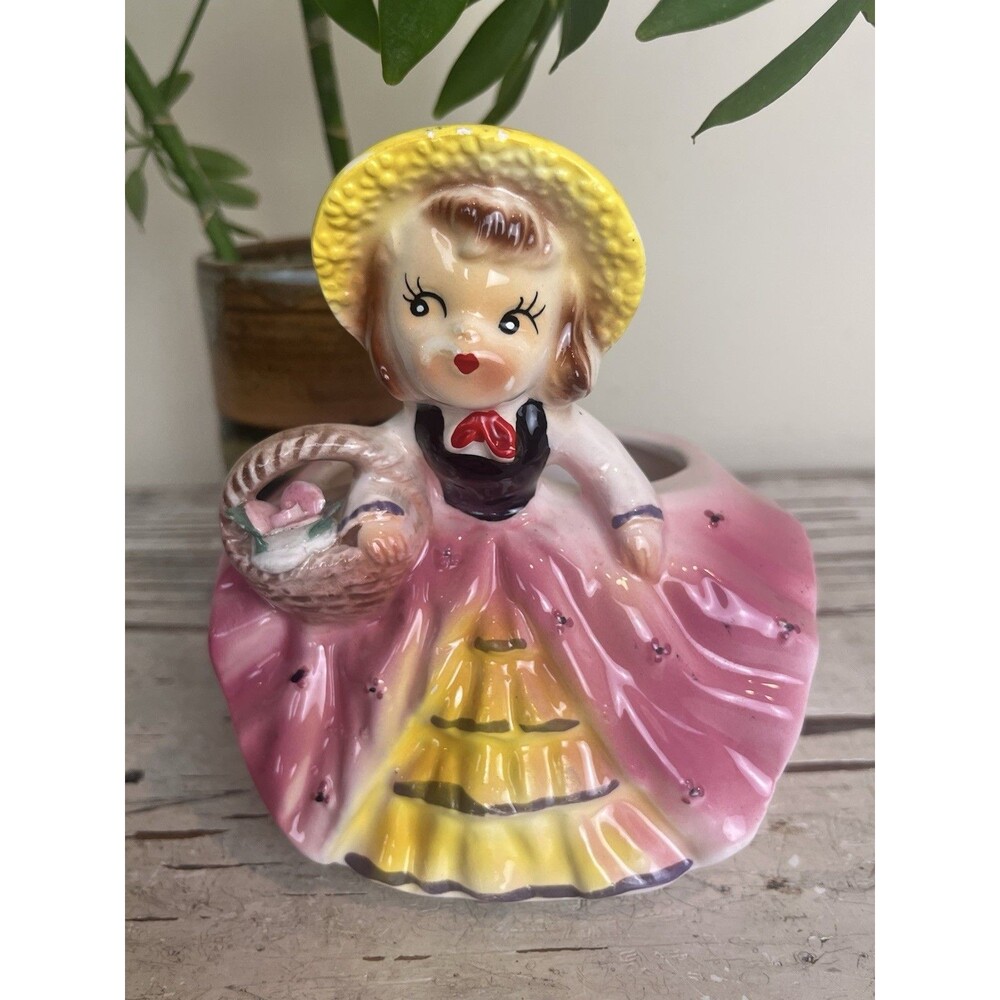 Vintage 1950’s Adorable Relpo Flower Girl Pink Dress Planter Figurine Japan